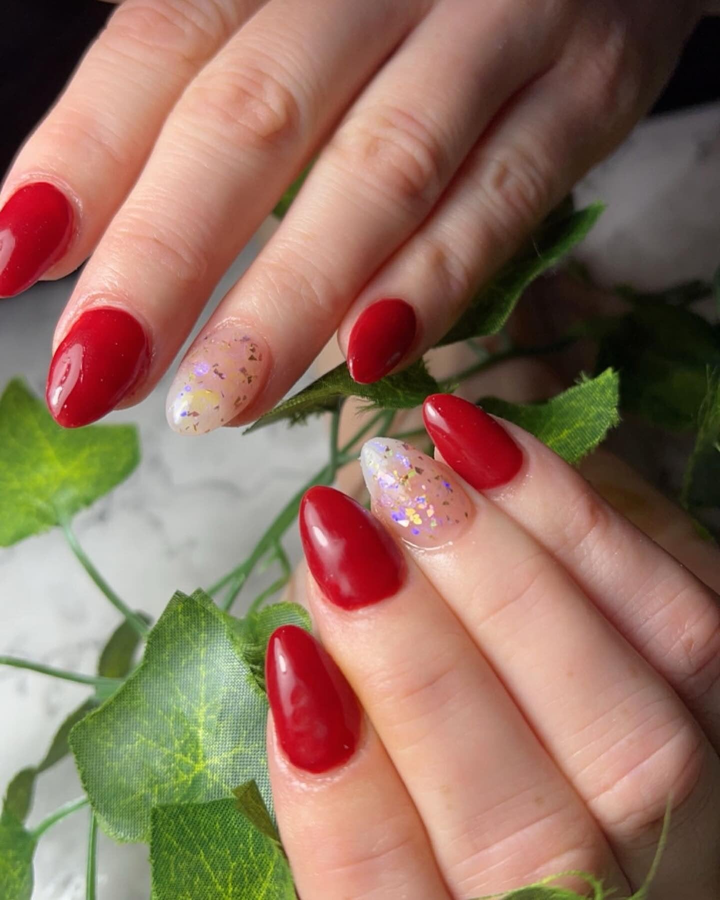 Classic Red Oval Nails with Glitter Accents Classic Red Oval Nails with Glitter Accents — Cherry Red Nails