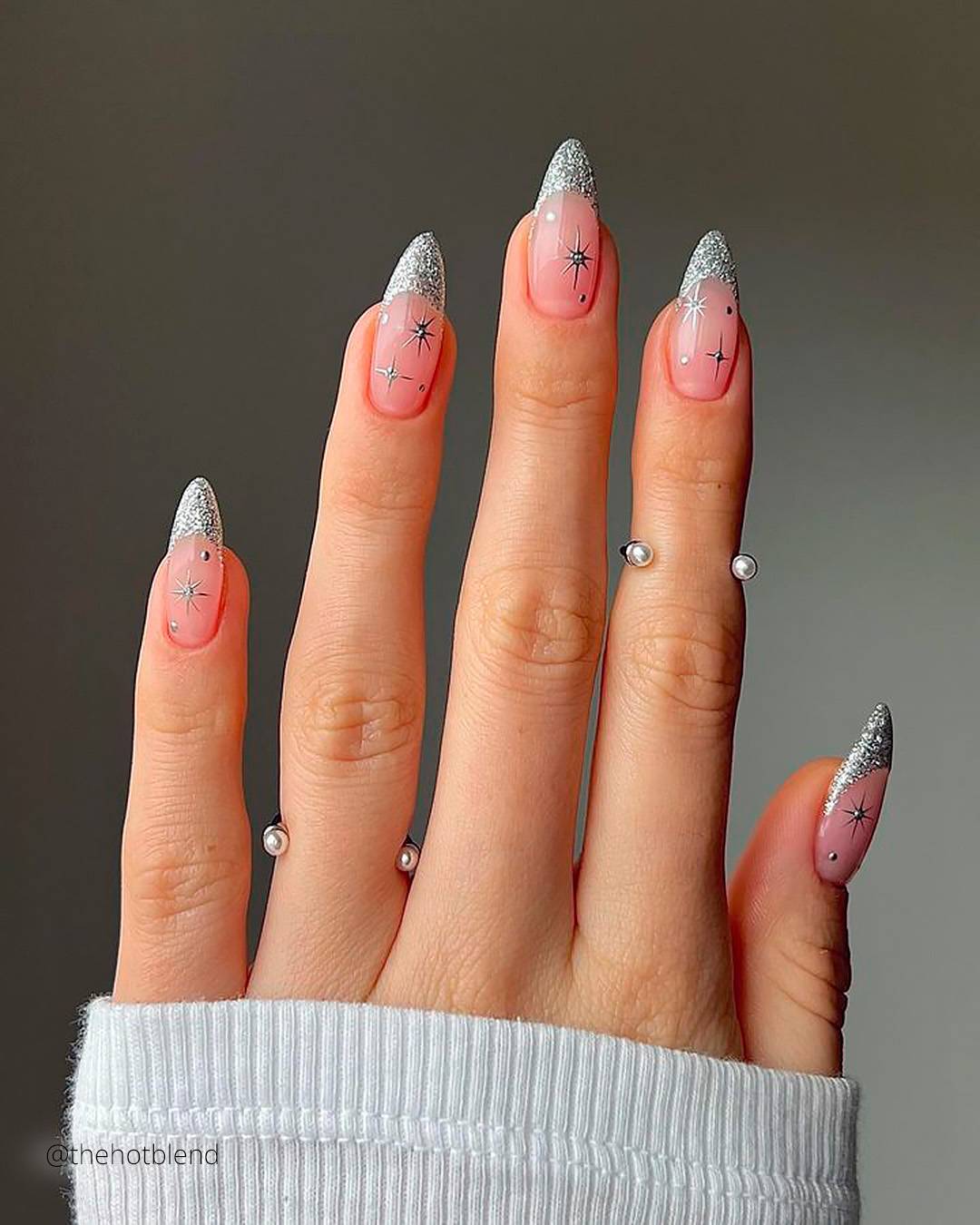Silver Glitter and Star Stiletto Silver Glitter and Star Stiletto — Winter Nail Colors for Women Over 70