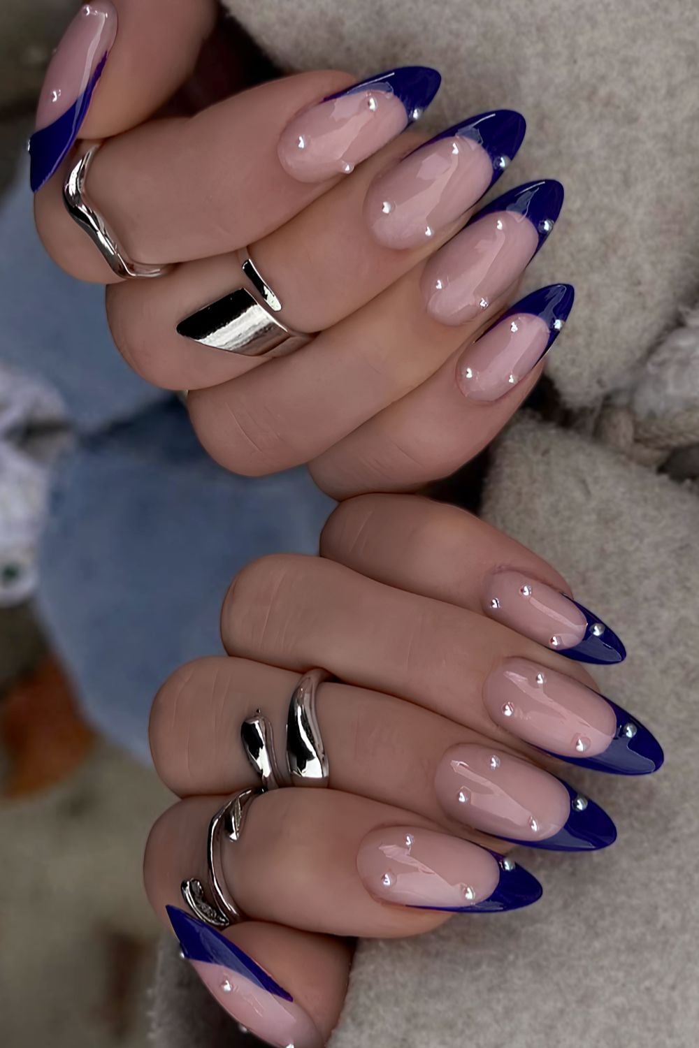 Long Stiletto Navy French Tips Pearls — Navy Blue Nails