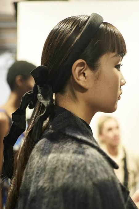 Dark Brown Ponytail with Headband and Ribbon — Winter Ponytail Hairstyles