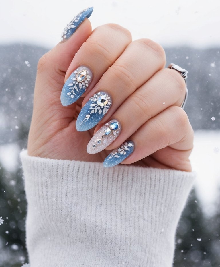 Medium Almond Blue Snowflake Glitter Nails Medium Almond Blue Snowflake Glitter Nails — Winter Wedding Nails
