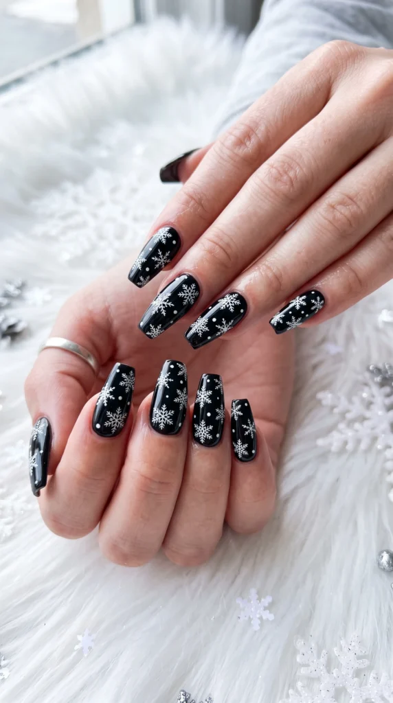 Glossy Black Snowflake French Tip Coffin Nails Glossy Black Snowflake French Tip Coffin Nails — Winter Coffin Nails
