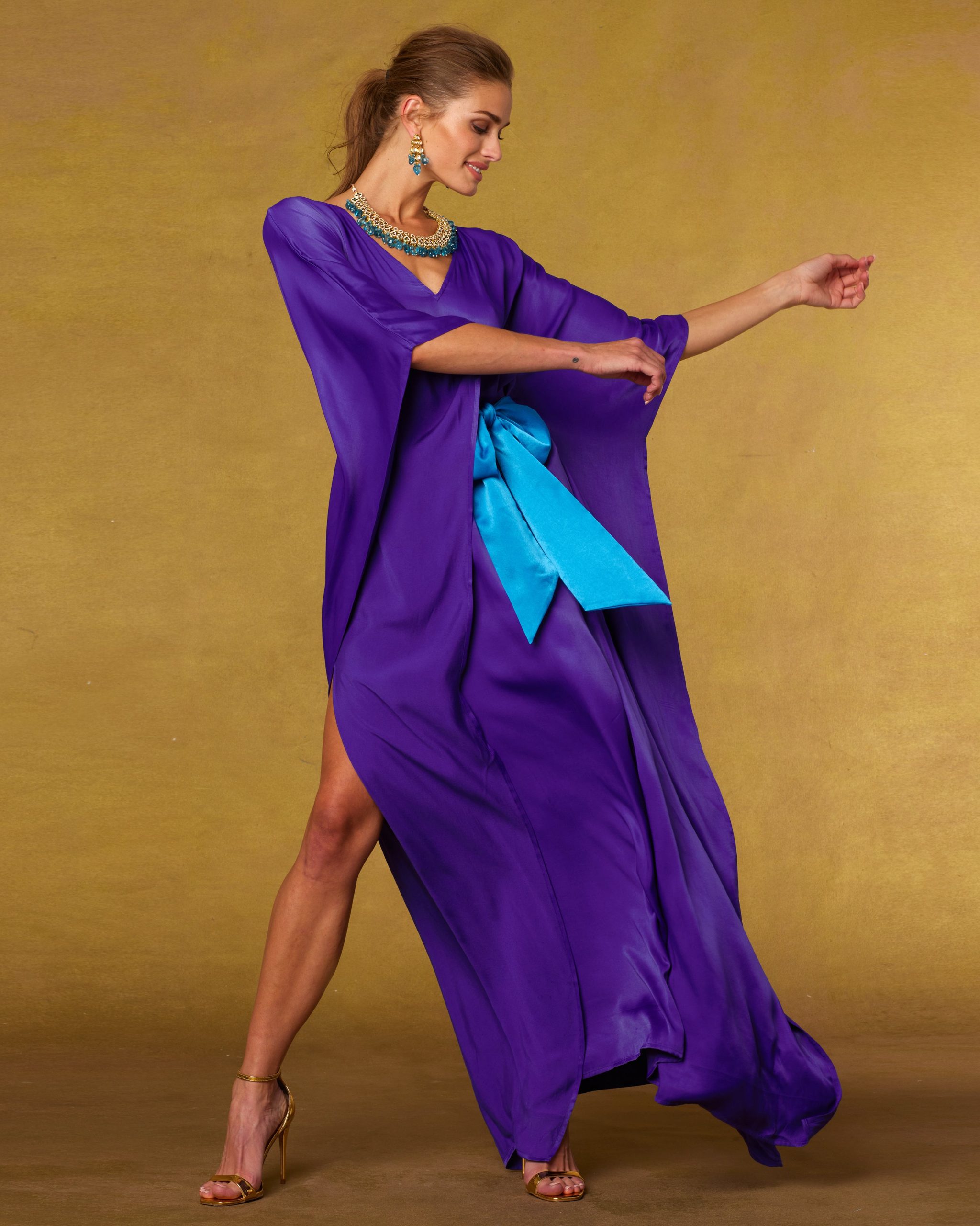 Vibrant Royal Purple Silk Kaftan with Blue Sash and Gold Heels — Royal Purple Outfits