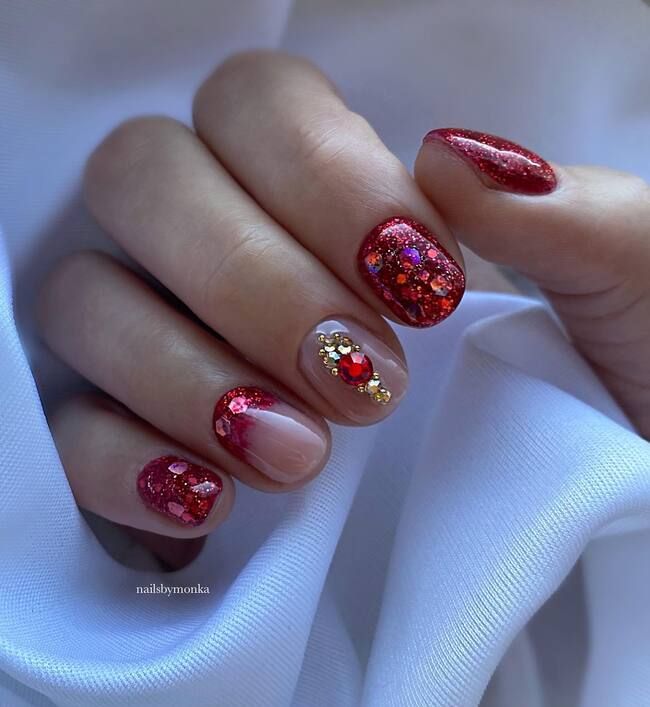 Red Gems Gold Studs Glitter Visual Idea Red Gems Gold Studs Glitter Visual Idea — Short Winter Nails