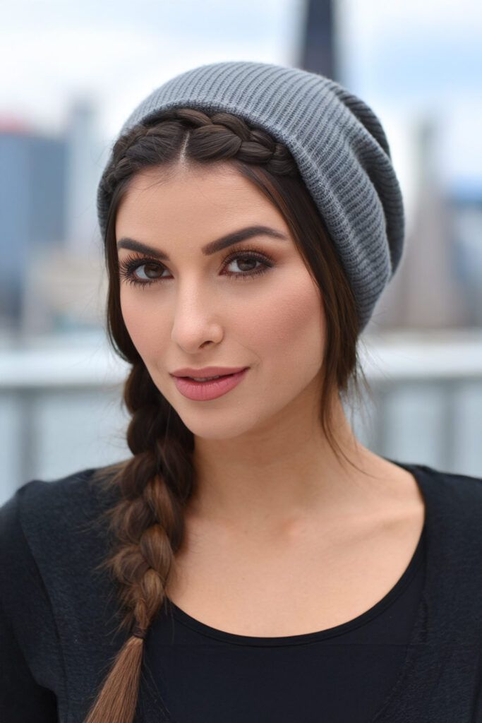 Medium Brown Side Braid With Beanie Medium Brown Side Braid With Beanie — Winter Braided Hairstyles
