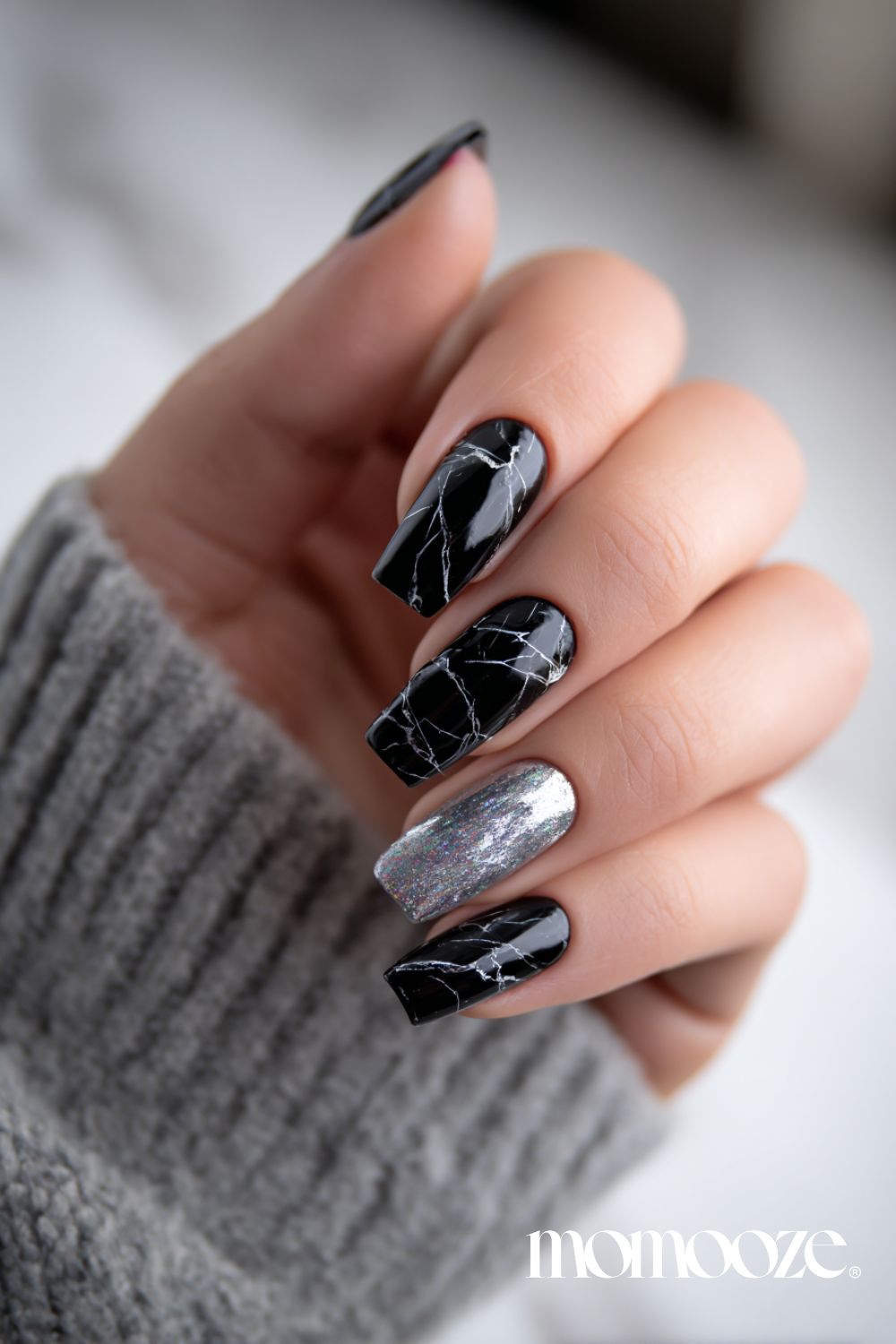 Glossy Black Marble with Glitter — Winter Marble Nails