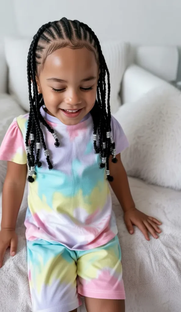 Numerous Small Braids with Silver Beads Numerous Small Braids with Silver Beads — Winter Hairstyles for Black Kids