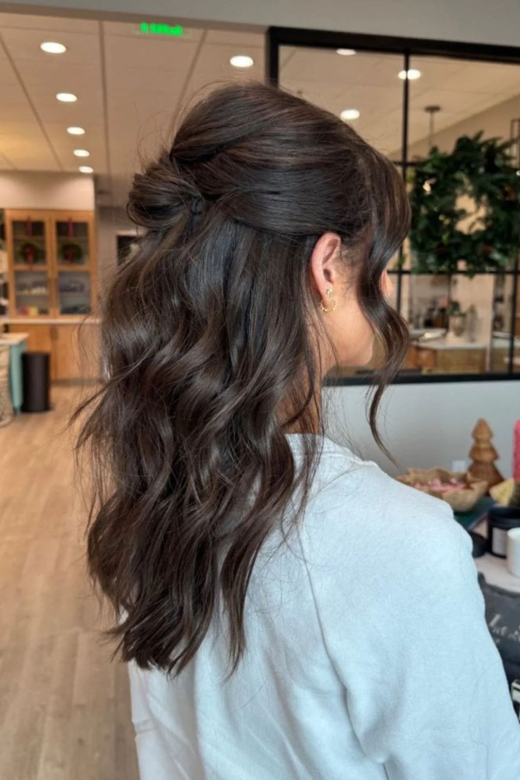 Dark Brown Softly Twisted Knot With Wispy Bangs Dark Brown Softly Twisted Knot With Wispy Bangs — Winter Half Up Half Down Hairstyles