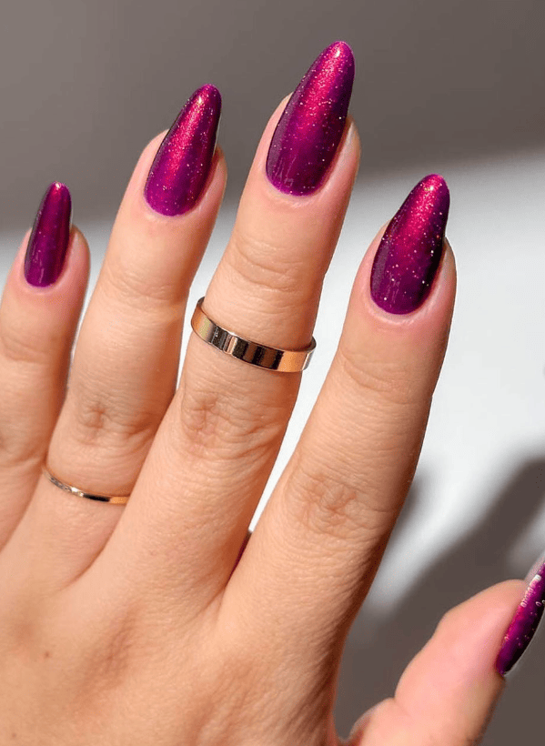 Magenta Shimmering Cat-Eye Stiletto Nails — Winter Nail Colors for Women Over 40