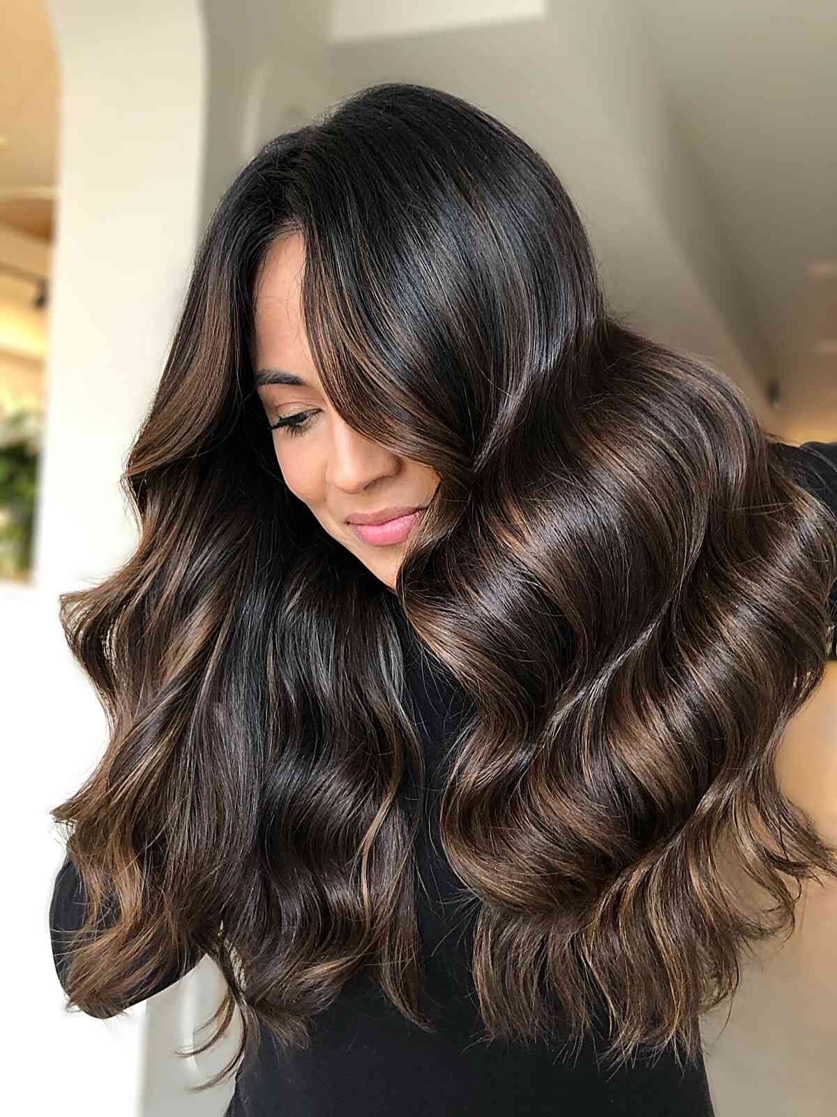 Voluminous Mid-Back Waves With Subtle Balayage Voluminous Mid-Back Waves With Subtle Balayage — Dark Chocolate Brown Hair