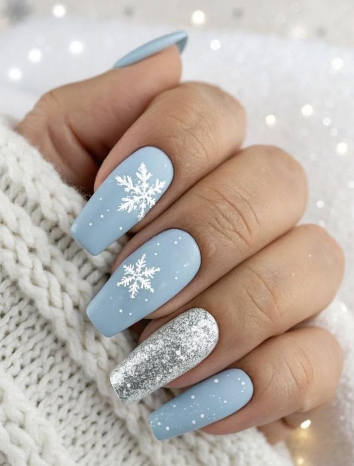 Matte Light Blue Snowflake Coffin Nails — Winter Nail Colors for Pale Skin