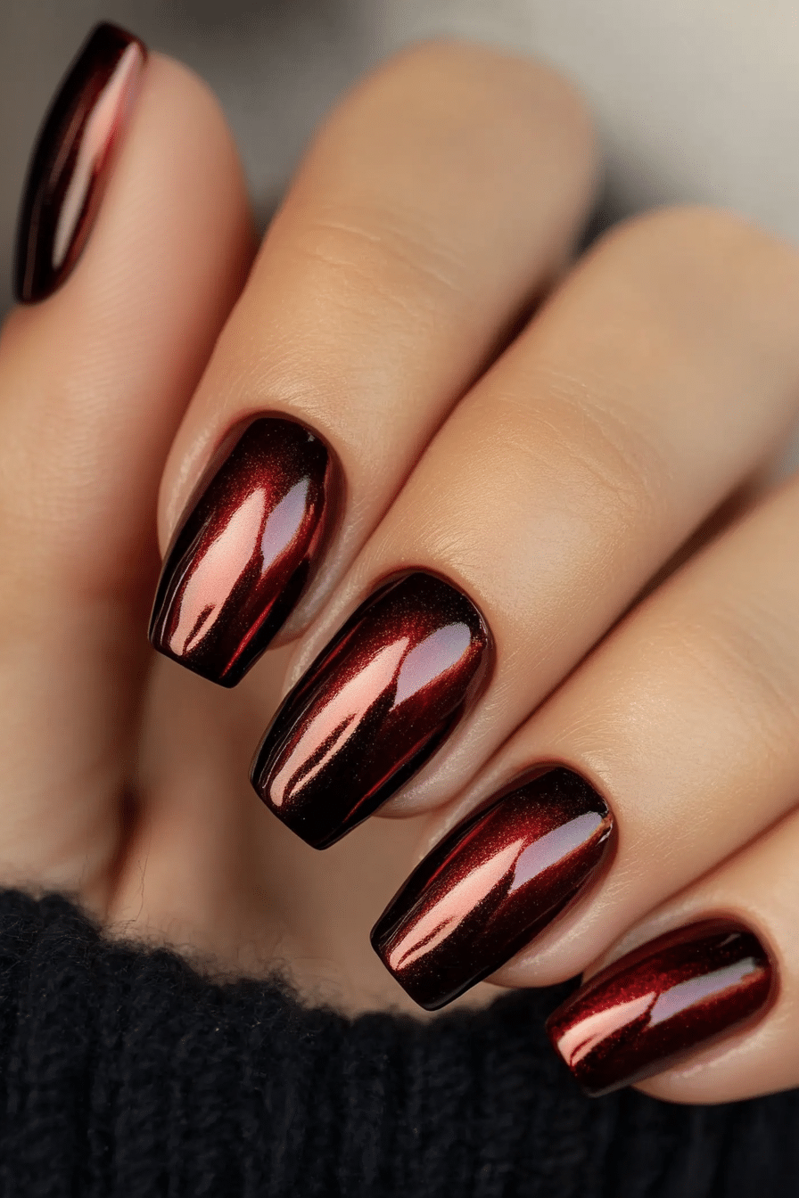 Futuristic Deep Burgundy Chrome Coffin Nails — Burgundy Nails