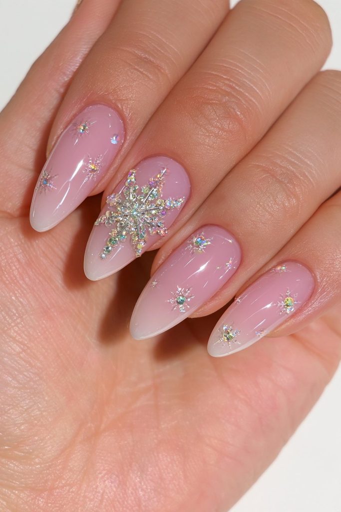 Sheer Pink Ombre Snowflake Almond Nails Sheer Pink Ombre Snowflake Almond Nails — Winter Stiletto Nails