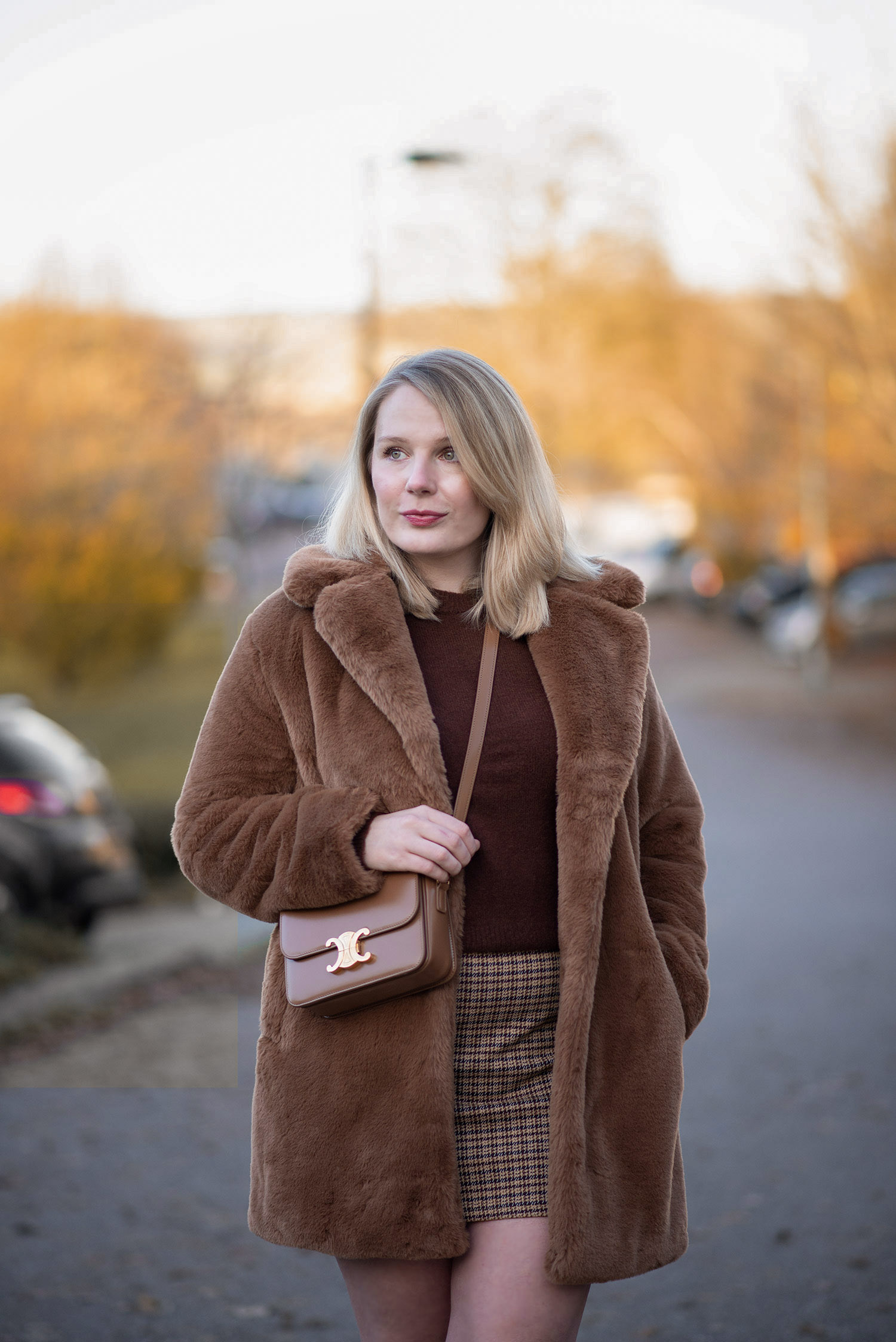Brown Faux Fur Coat with Knit Sweater and Plaid Skirt — Faux Fur Coat Outfits