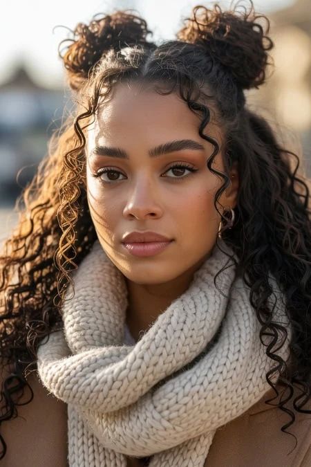 Dark Brown Curly Space Buns with Scarf Dark Brown Curly Space Buns with Scarf — Winter Hairstyles with Scarf
