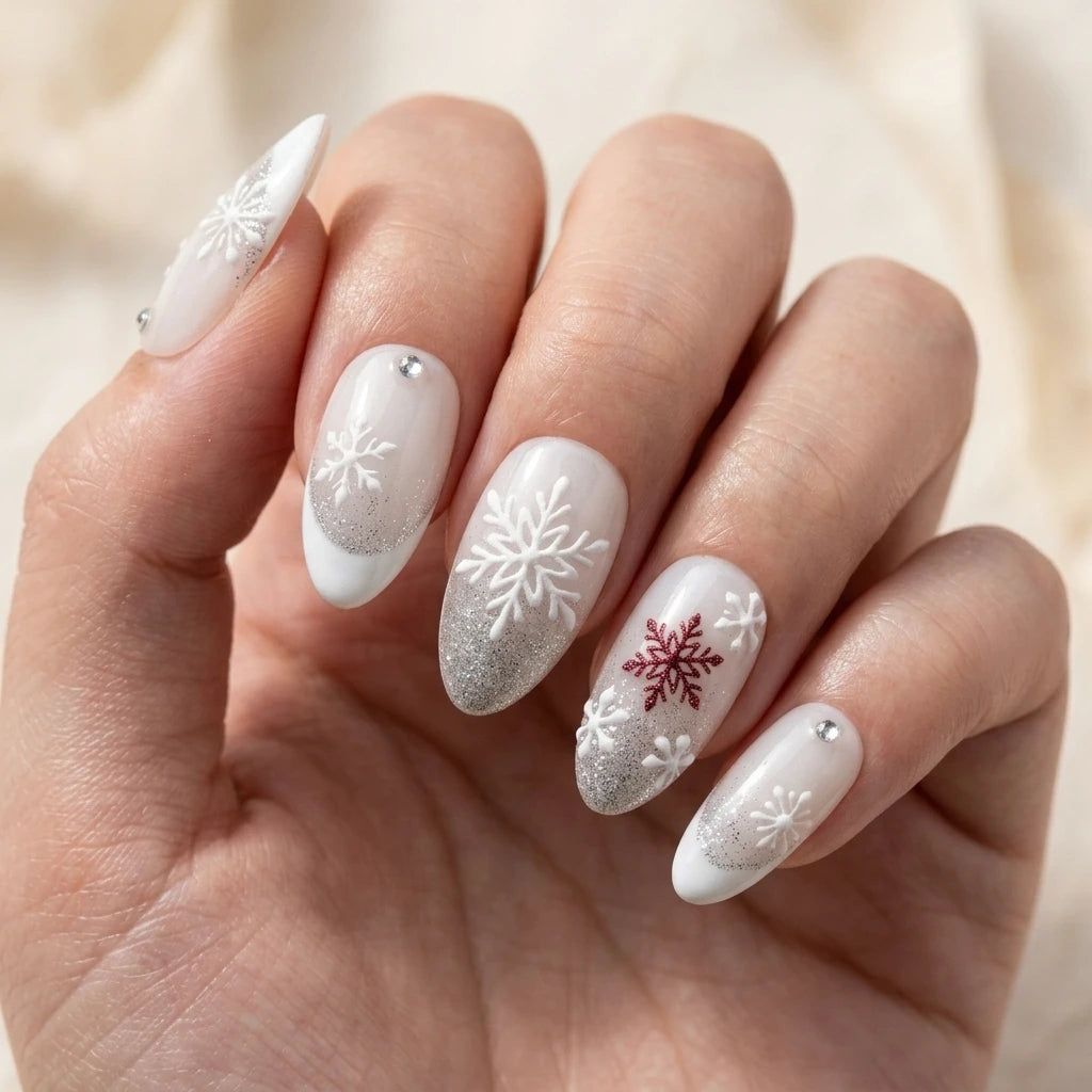3D Snowflakes And Rhinestones Visual Idea 3D Snowflakes And Rhinestones Visual Idea — Winter French Tip Nails