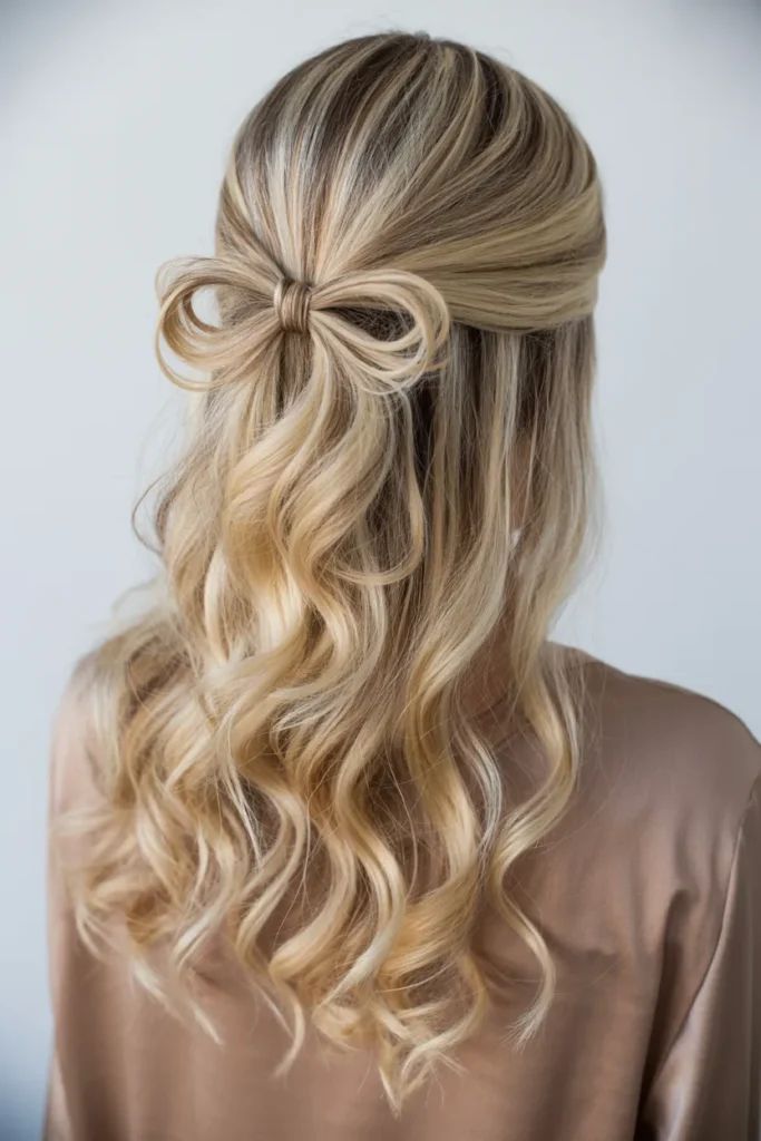 Platinum Blonde Half-Up Bow Detail — Winter Formal Hairstyles