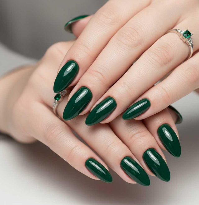 Long Oval Forest Green Glossy Long Oval Forest Green Glossy — Winter Oval Nails