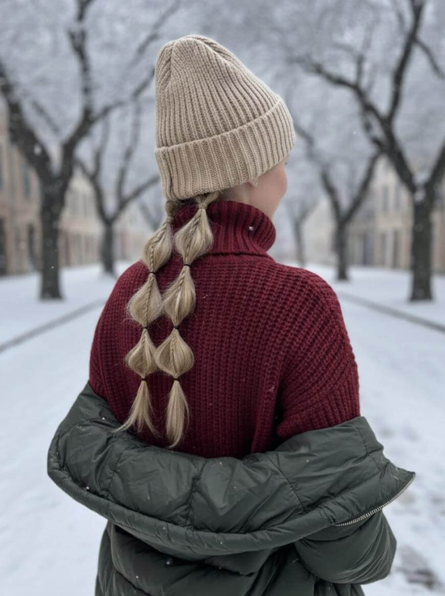 Blonde Bubble Braid Under a Beanie Blonde Bubble Braid Under a Beanie — Winter Hat Hairstyles