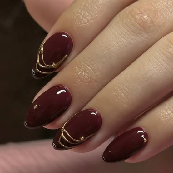Deep Burgundy with Gold Metallic Lines — Dark Winter Nails