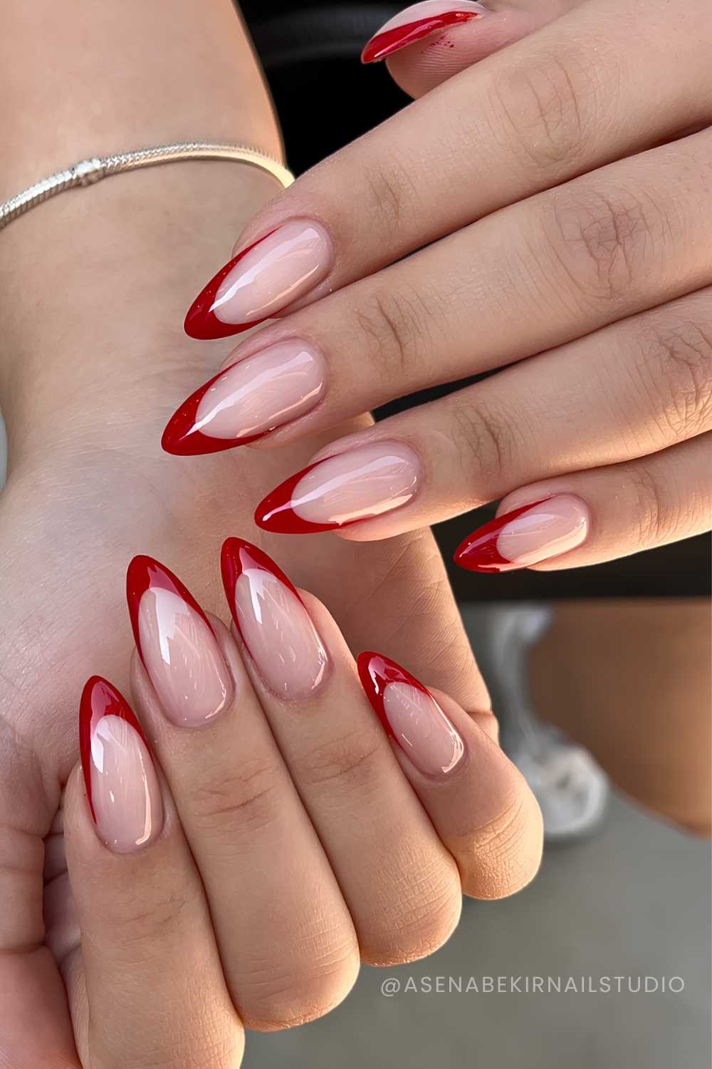 Long Almond Red French Manicure Long Almond Red French Manicure — Cherry Red Nails