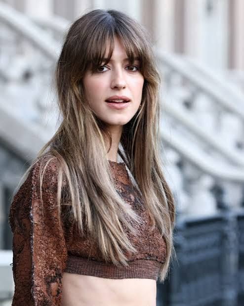 Long Dark Brown With Blonde Highlights and Full Bangs — Winter Haircuts with Bangs