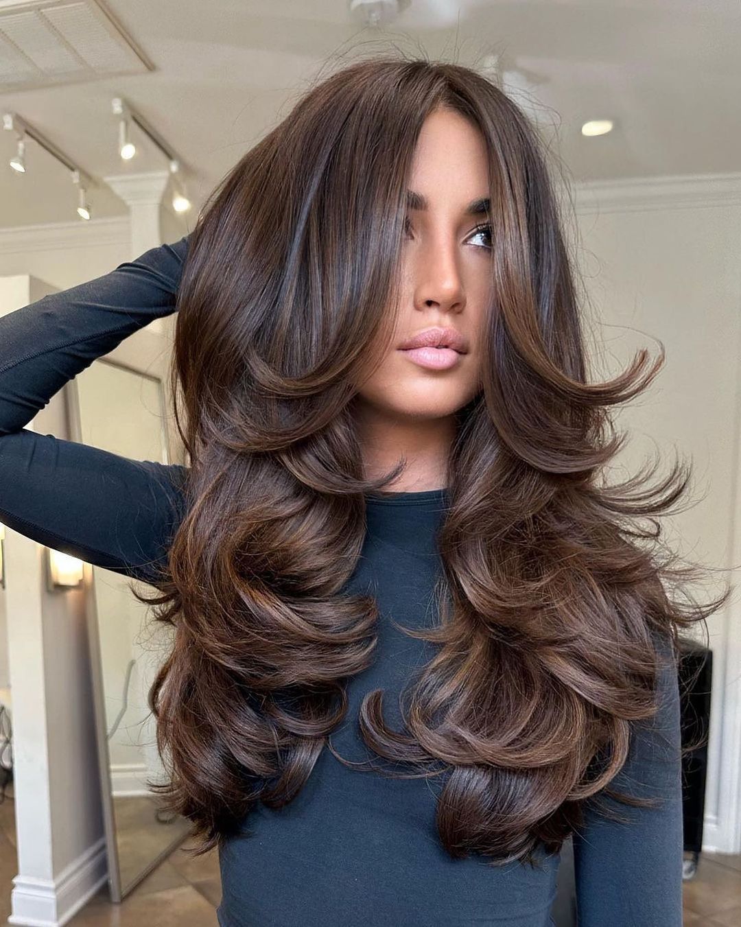 Mid-Back Voluminous Dark Brown Layers — Long Winter Haircuts