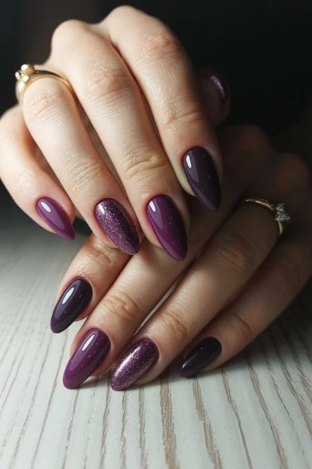 Plum and Glitter Accent Almonds Plum and Glitter Accent Almonds — Winter Acrylic Nail Colors
