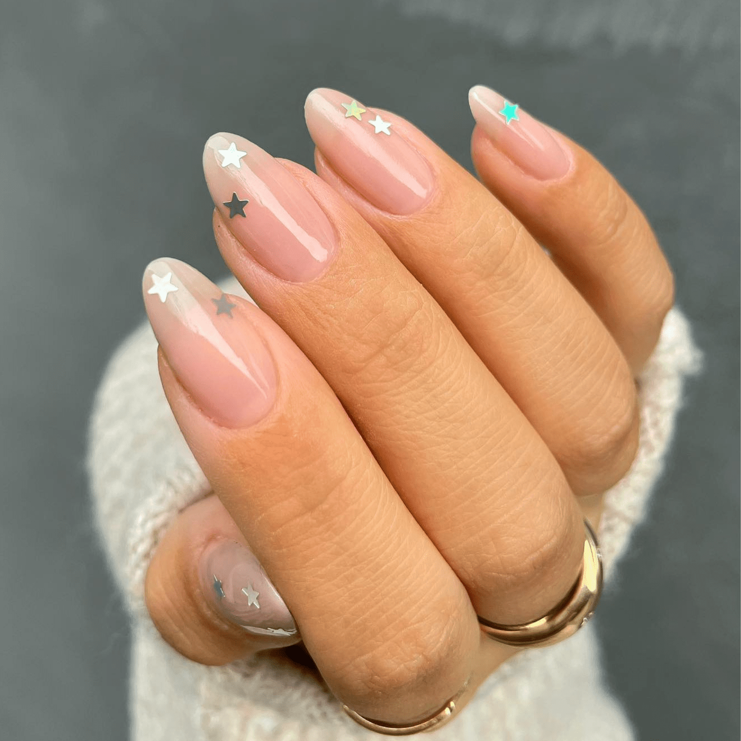 Sheer Pink Silver Star Decal Almonds — Short Winter Almond Nails