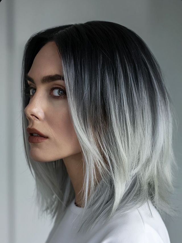 Black to Silver Grey Ombre Lob — Winter Ombre Hair