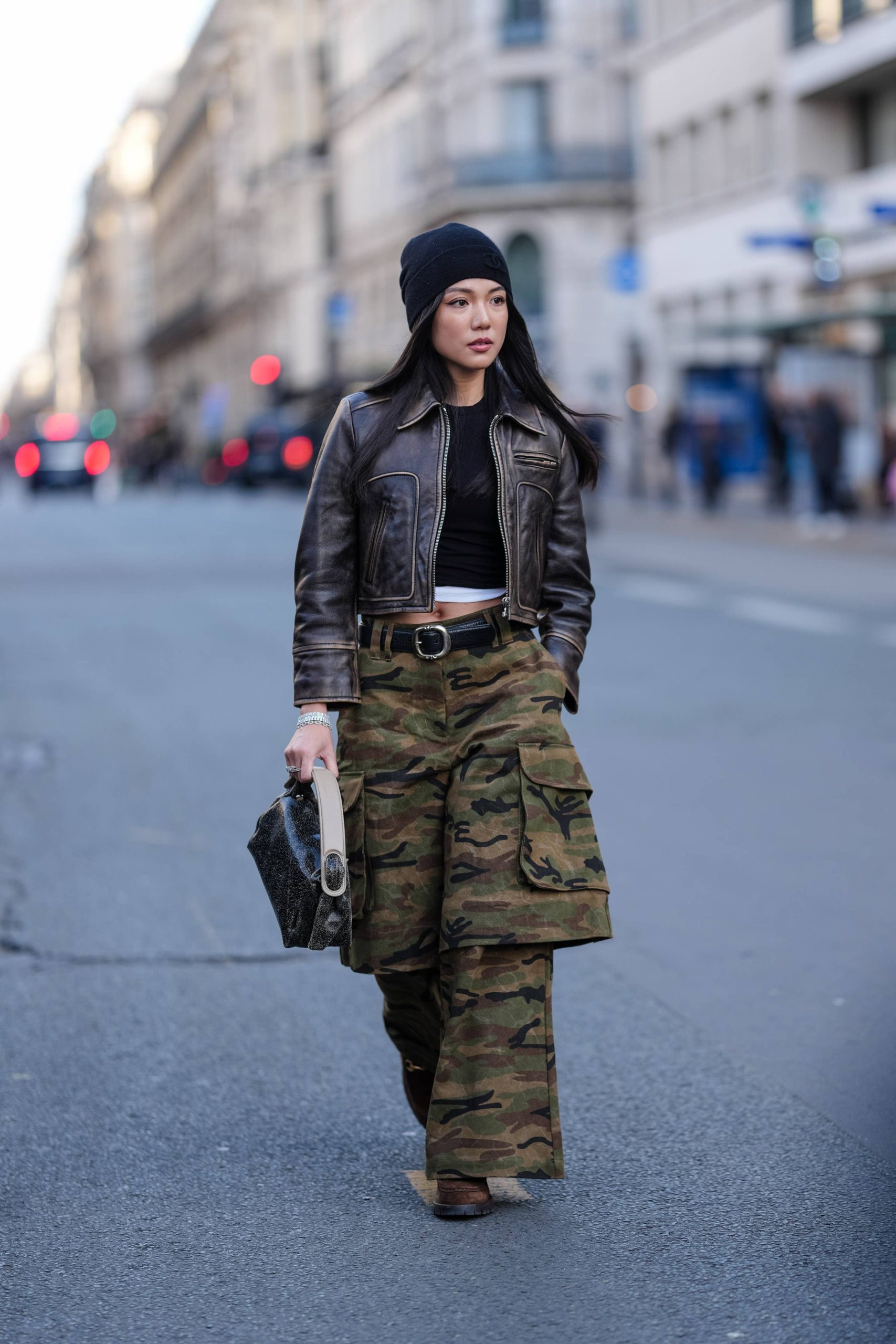 Utilitarian Cool: Black Beanie with Leather Jacket and Cargo Pants Utilitarian Cool: Black Beanie with Leather Jacket and Cargo Pants — Beanie Outfits