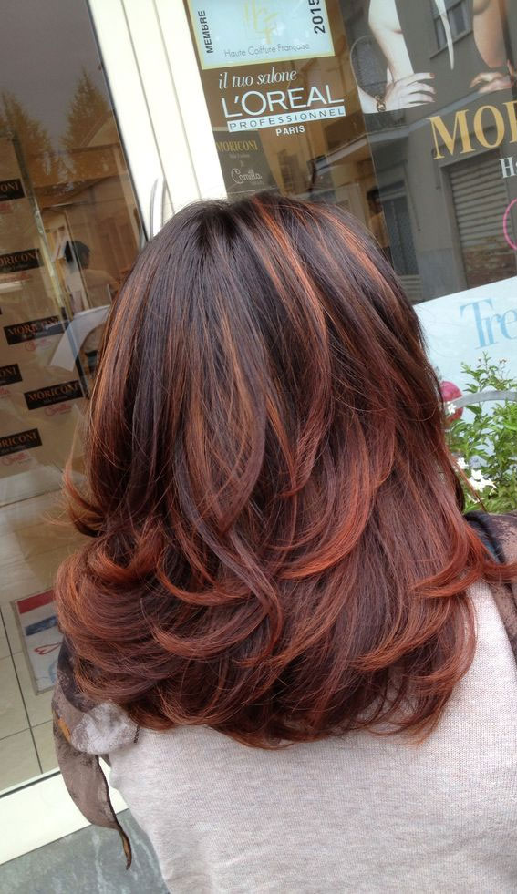 Auburn Balayage Curls With Middle Part Auburn Balayage Curls With Middle Part — Winter Shoulder Length Hairstyles