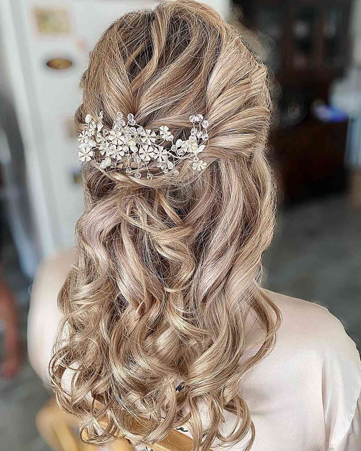 Ash Blonde Ornate Jeweled Accessory Curls Ash Blonde Ornate Jeweled Accessory Curls — Winter Half Up Half Down Hairstyles