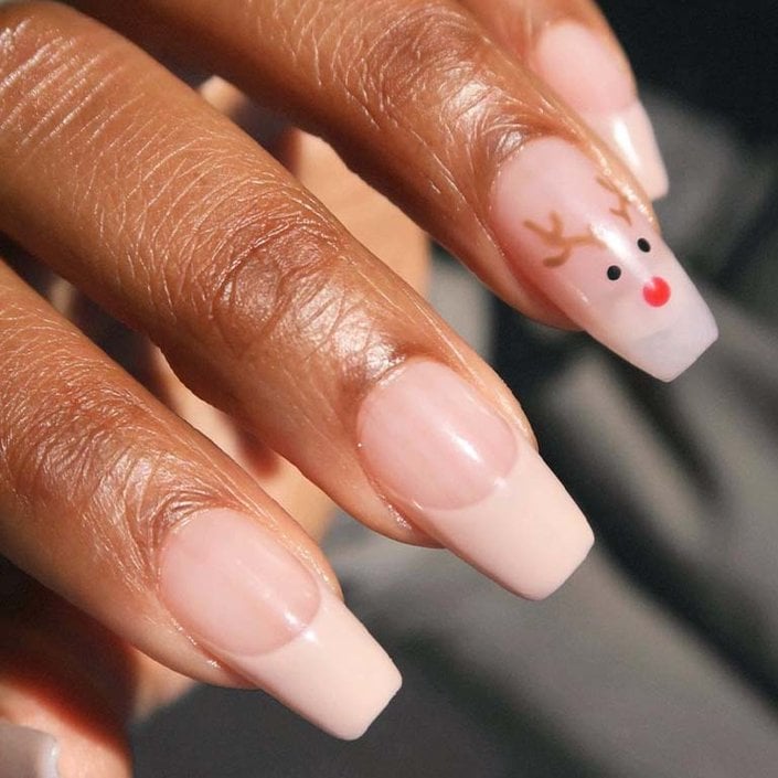 Glossy Pink Reindeer Face Nails Glossy Pink Reindeer Face Nails — Winter Acrylic Nails