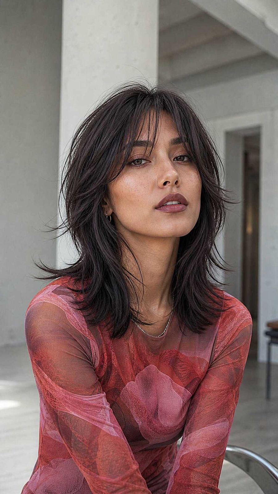 Mid-Back Shag With Choppy Bangs Mid-Back Shag With Choppy Bangs — Winter Hairstyles for Thin Hair