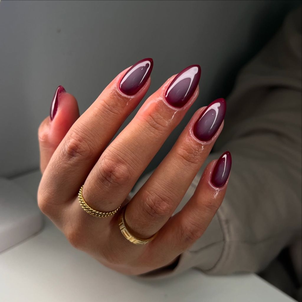 Elegant Burgundy to Nude Jelly Gradient Stiletto Nails — Burgundy Nails
