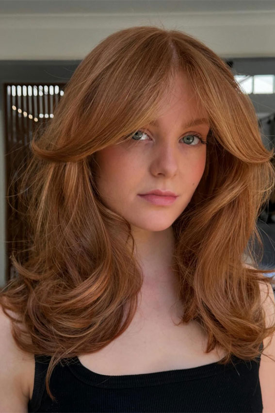 Golden Auburn Collarbone Layers With Curtain Bangs — Winter Haircuts with Curtain Bangs