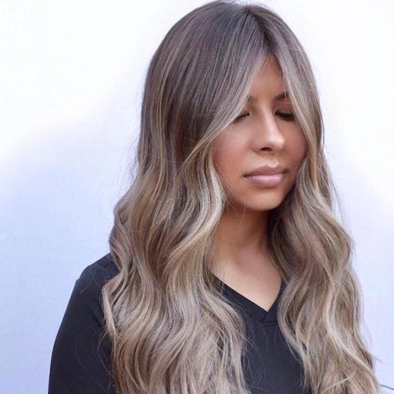 Collarbone Ash Brown Balayage With Curtain Bangs — Ash Brown Hair