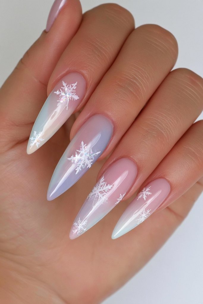 Iridescent Snowflake Pastel Ombre Stilettos Iridescent Snowflake Pastel Ombre Stilettos — Pastel Winter Nails