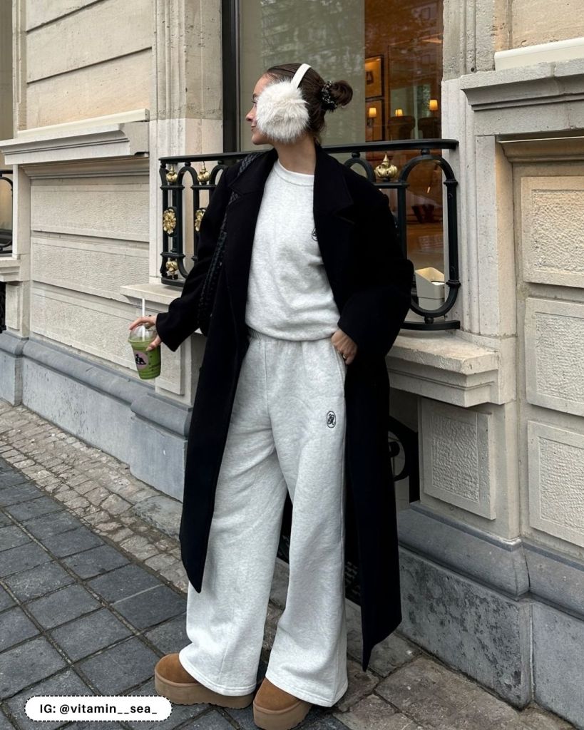 Casual Comfort: Black Coat, Grey Sweat Set, and White Earmuffs — Earmuffs Outfits