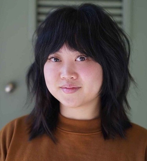 Collarbone Dark Brown Shag — Winter Hairstyles for Round Faces