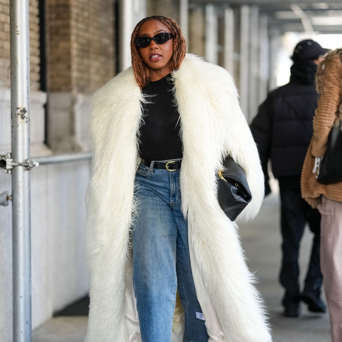Longline White Faux Fur Coat with Denim — Faux Fur Coat Outfits