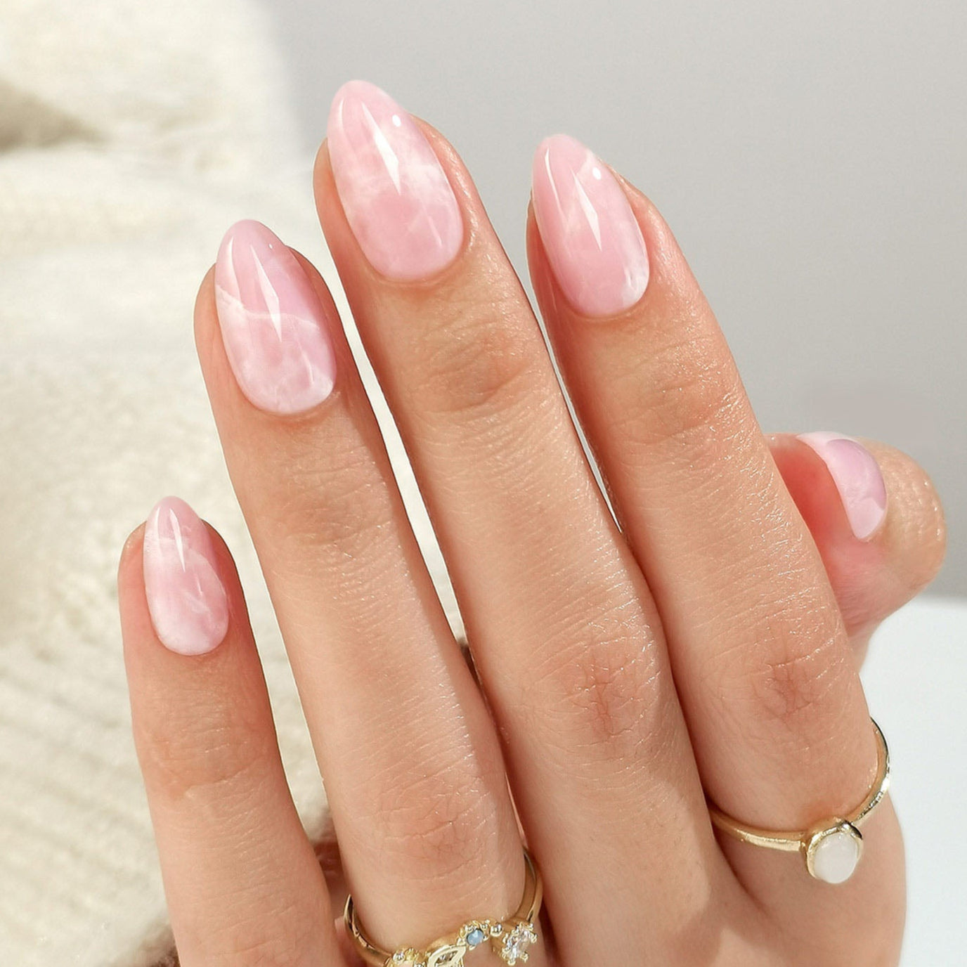 Delicate Pink and White Almond Marble — Winter Marble Nails