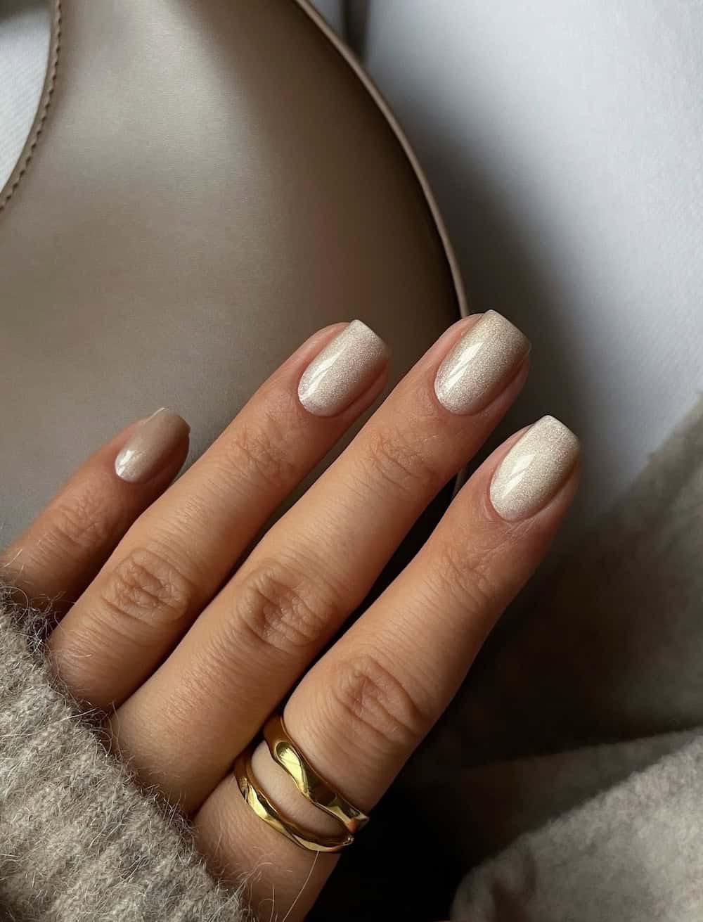 Subtle Shimmer Beige Nails Subtle Shimmer Beige Nails — Short Winter Square Nails