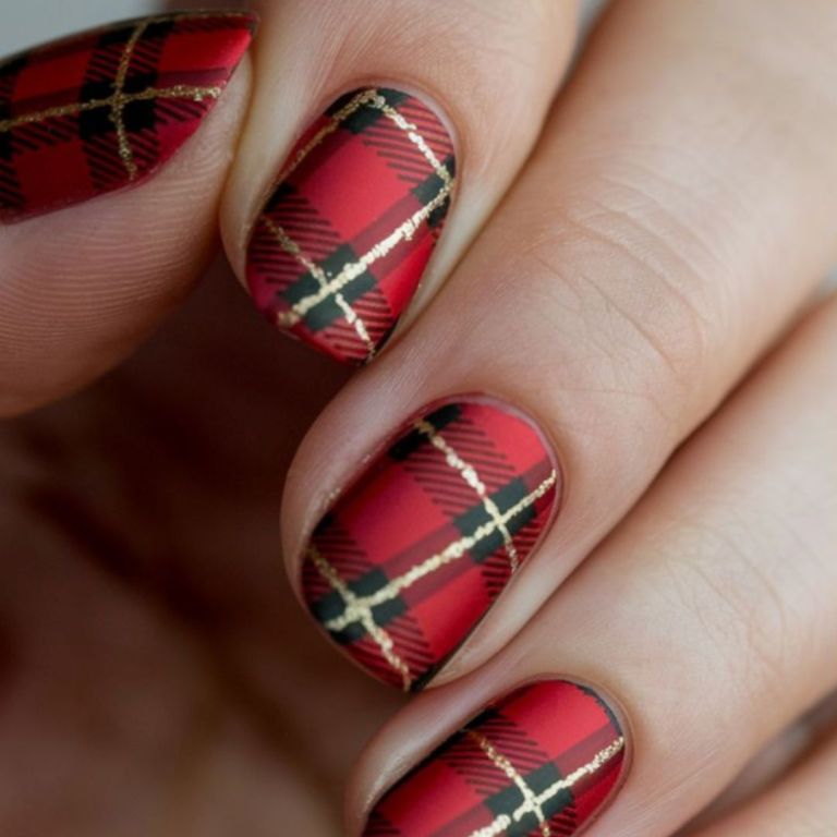 Short Plaid Red and Black Matte Nails Short Plaid Red and Black Matte Nails — Winter Red Nails