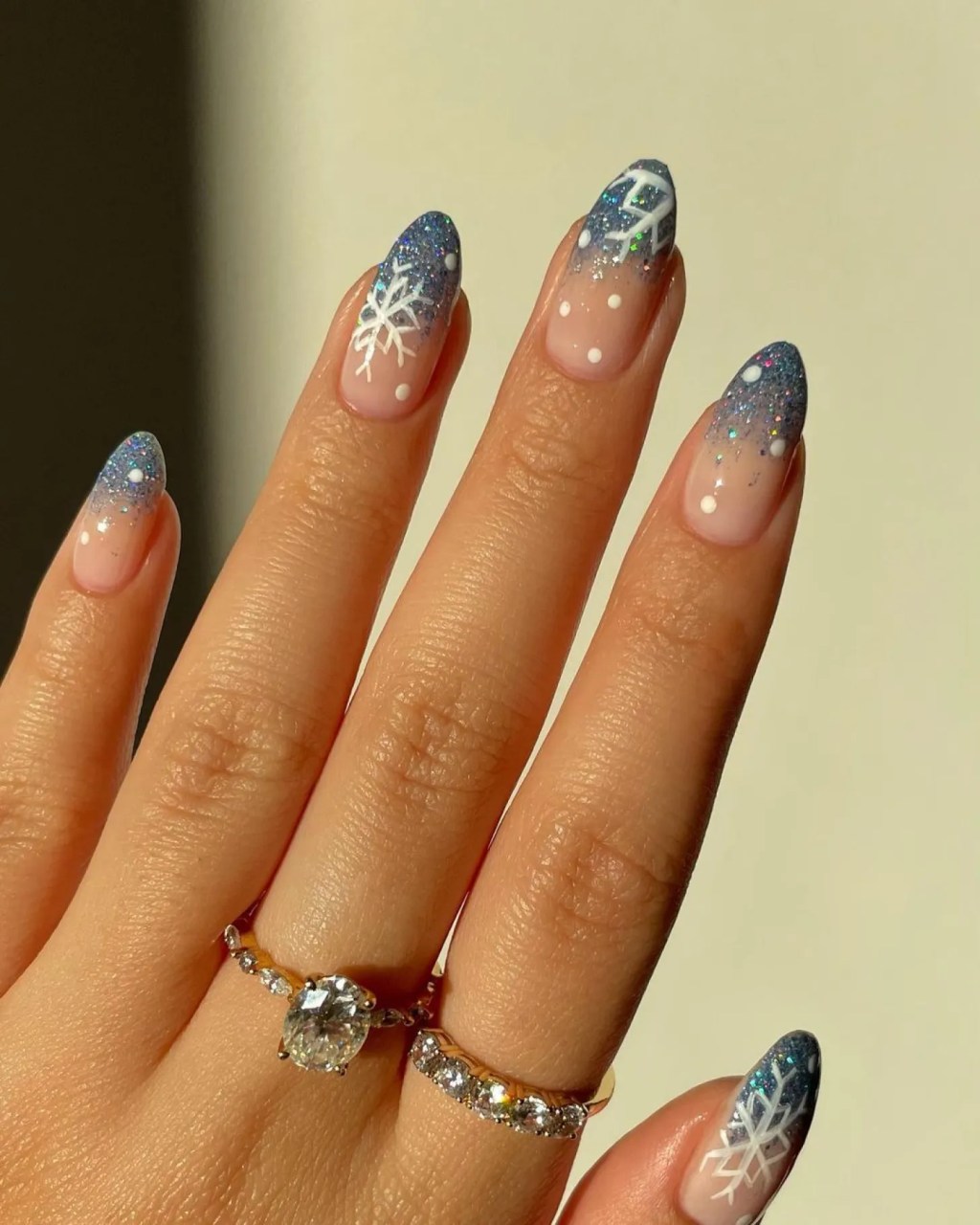 Glossy With Glitter Blue Glitter Gradient Snowflake Nails — Winter Formal Nails