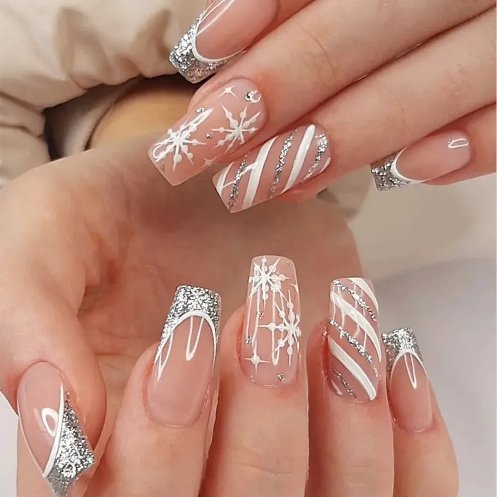 Nude Pink Snowflake Glitter French Coffin Nails Nude Pink Snowflake Glitter French Coffin Nails — Long Winter Nails