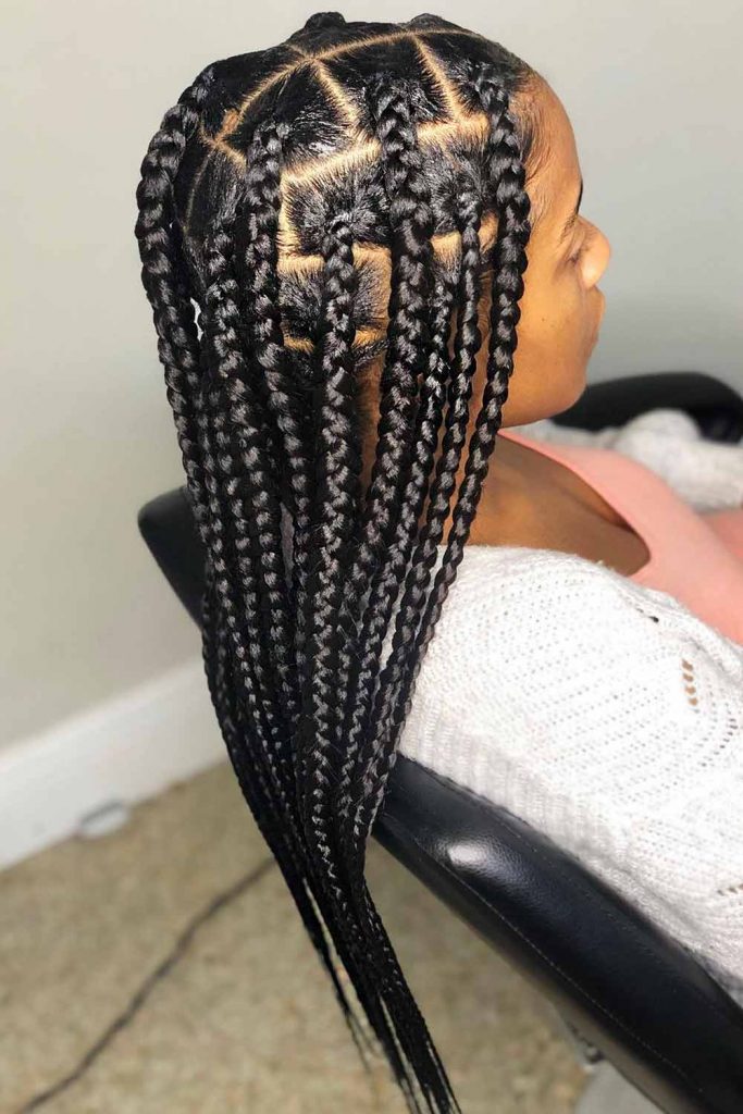 Straight Black Knotless Box Braids With Sharp Parts — Winter Knotless Braids