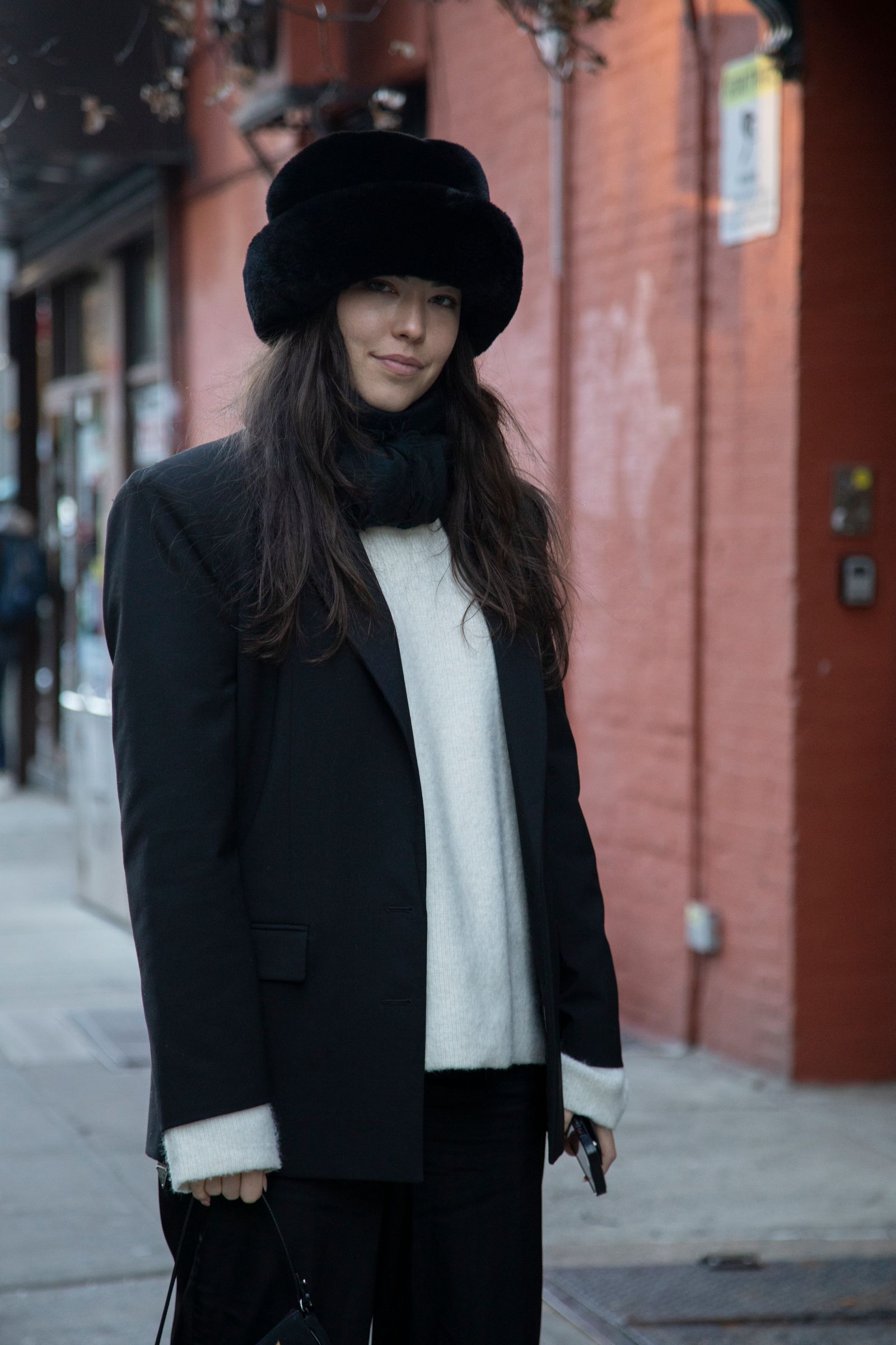 Chic Texture Play: Black Fur Hat with Blazer and Sweater — Fur Hat Outfits