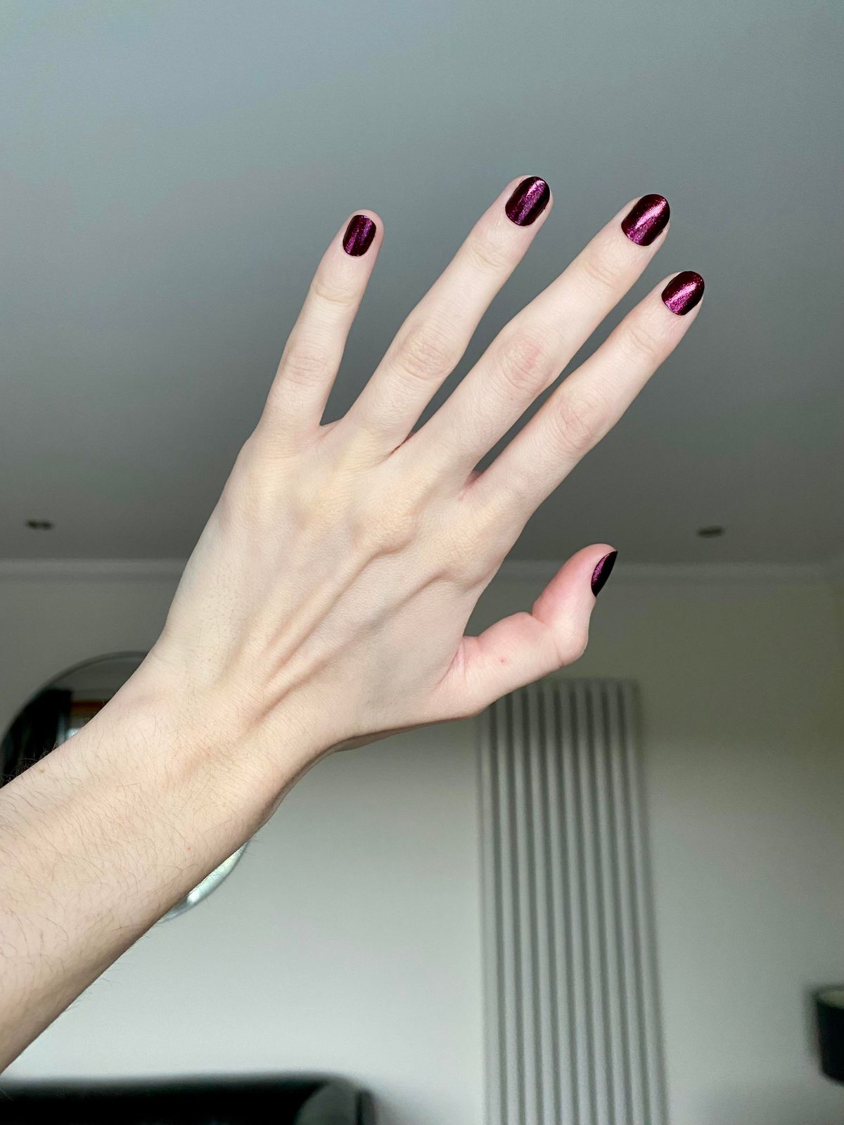 Deep Berry Shimmer Glossy Oval Nails — Winter Nail Colors for Pale Skin